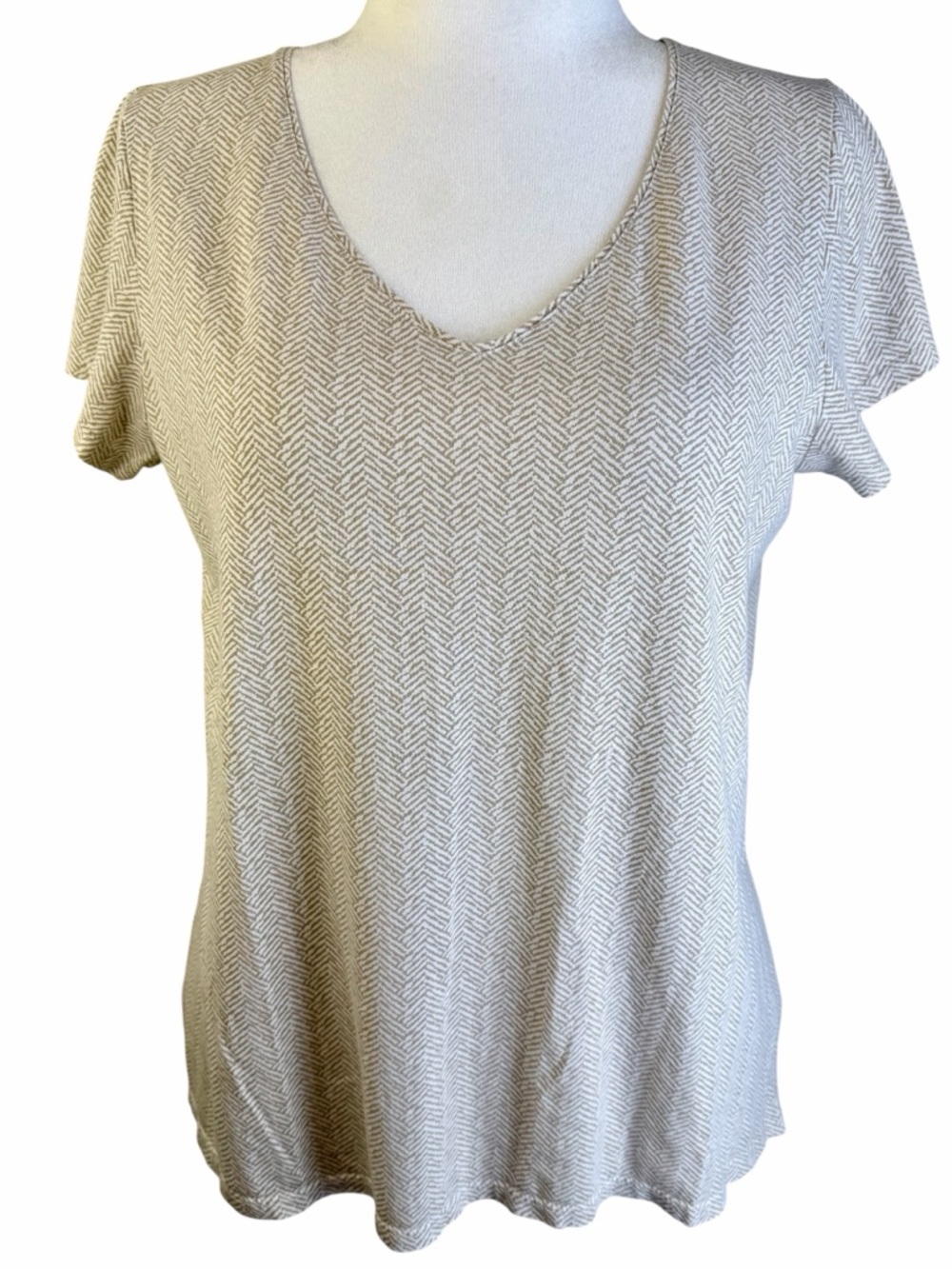 J. Jill Neutral Herringbone V-Neck Short Sleeve Tee Size M
